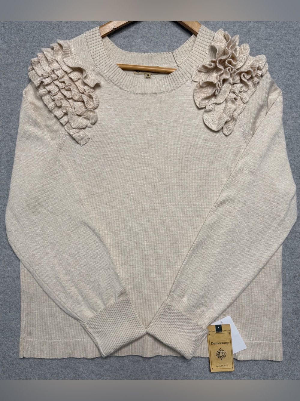 Democracy Women’s XL Ruffle Shoulder Crewneck Sweater Blanched Almond NWT